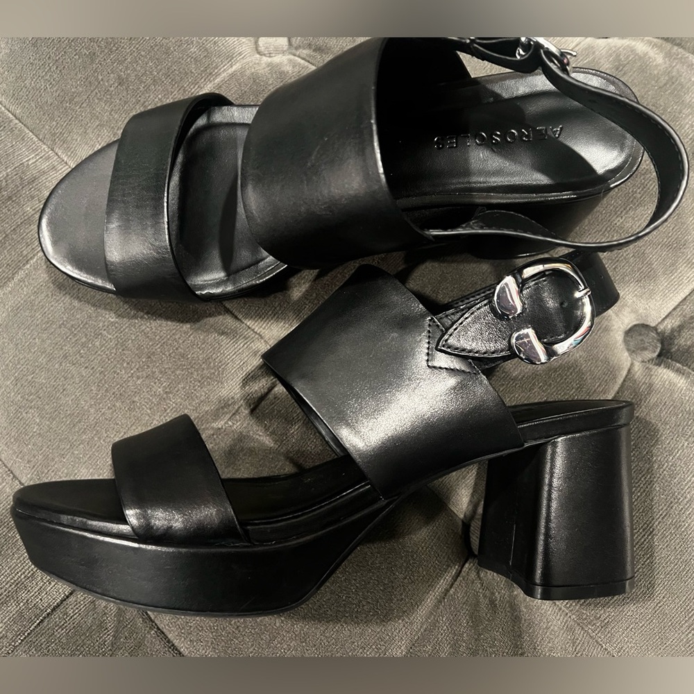 AEROSOLES Camera Black Leather Platform Heel Sandals